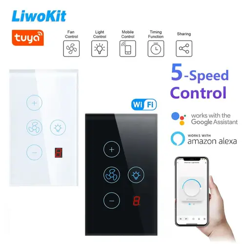 LiwoKit Tuya Wifi ventilador de cinco velocidades interruptor de luz tiristor ajuste de velocidad Panel táctil interruptor Control remoto