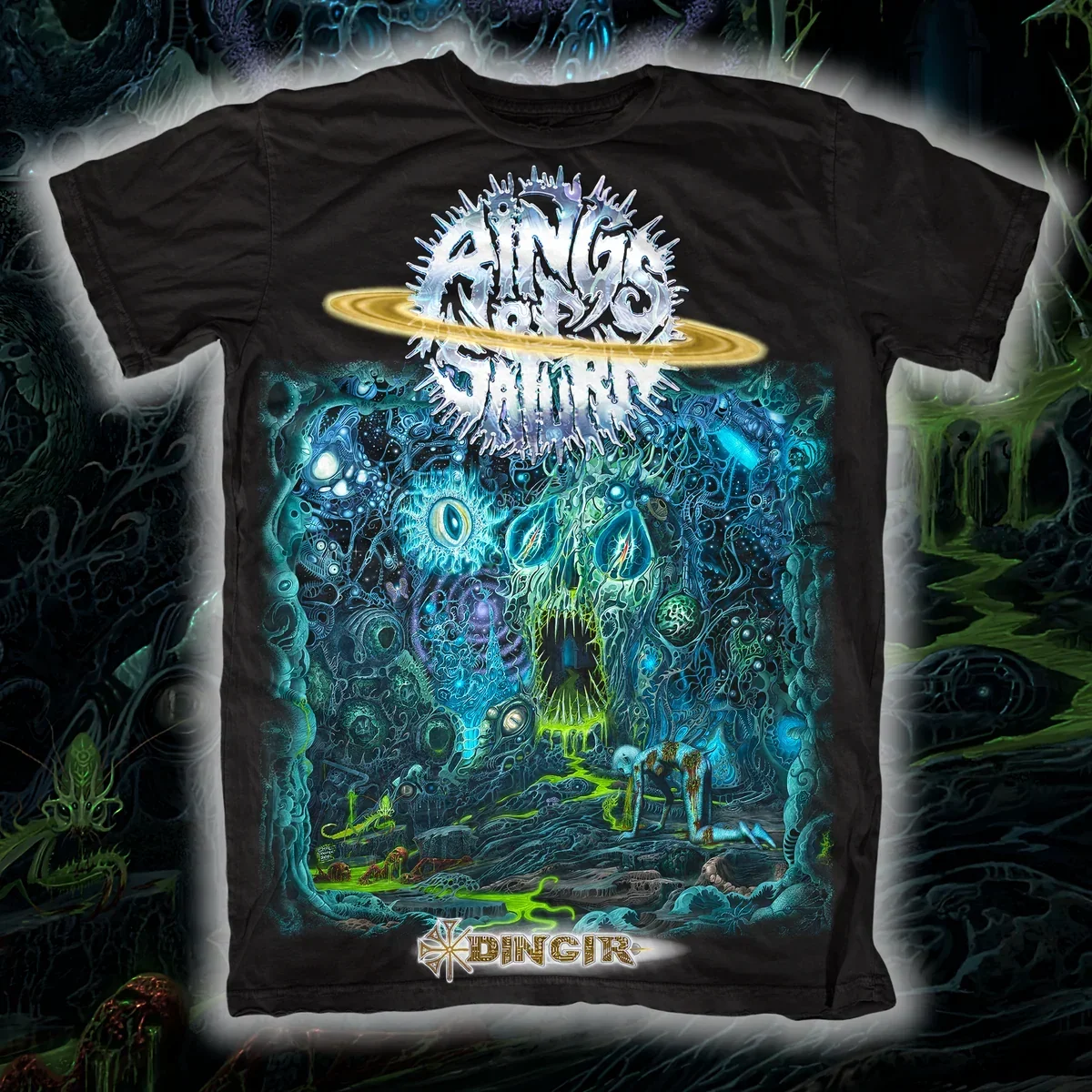 Rings of Saturn Berried Alive UFO Strawberry Monster Graphic Print T‑Shirt, Features Dual Band Logos