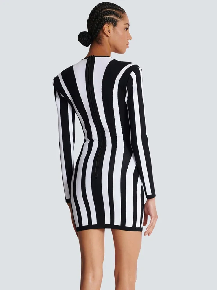 2024 Kobiety Celebrity Sexy V Neck Long Sleeve Striped Mini Bodycon Bandage Dress Elegancka wieczorowa sukienka klubowa