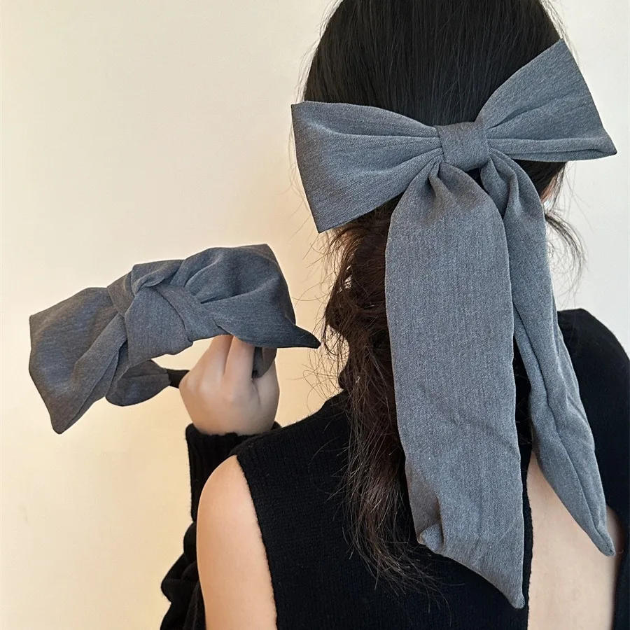 Premium Grey Suit Fabric Bow Hair Clip For Half Up Hairstyle Back Of Head Accessory Soft Comfortable For Teens