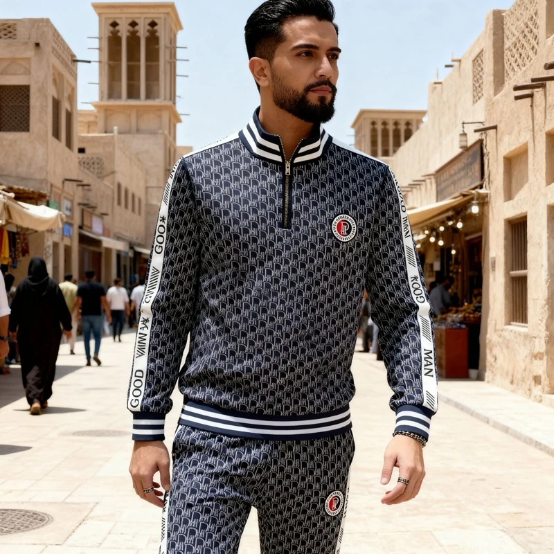 

Модный мужской костюм, модный воротник-стойка с полумолнией, стильный комплект из 2 предметов с длинными рукавами, вышитый узор, подходит для повседневной повседневной носки