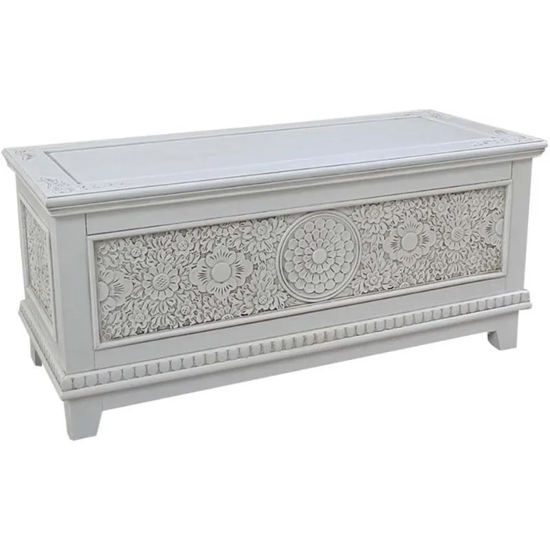 Hardwood Carved Storage Trunk Bench in Antique White