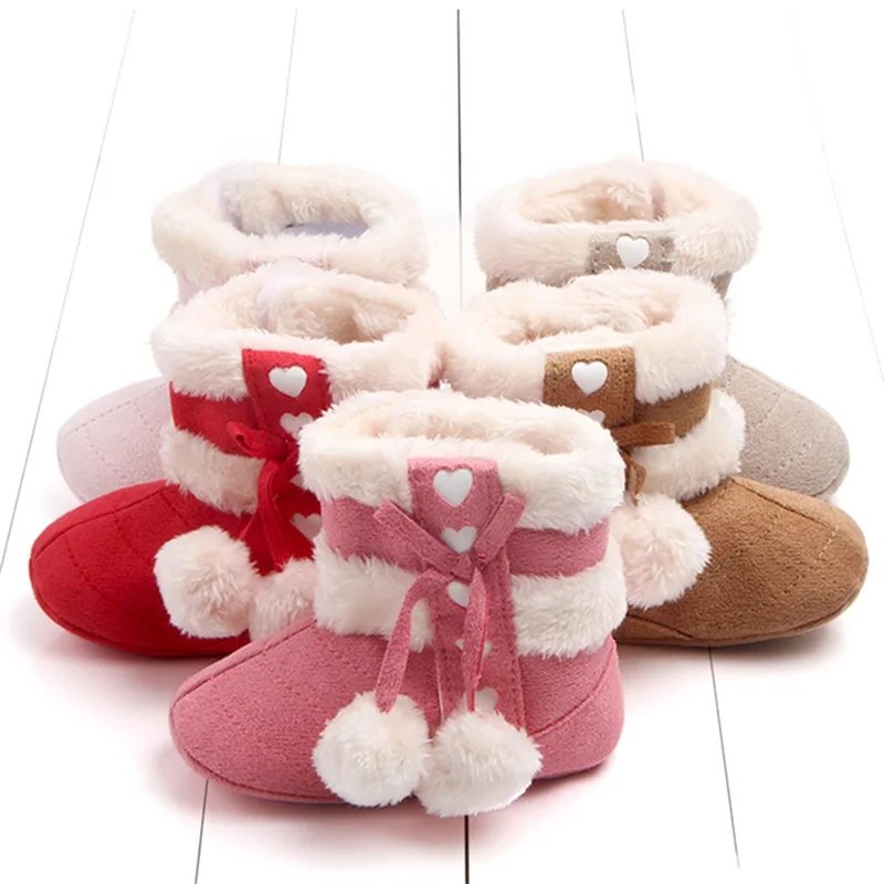 Baby Girls Winter Boots Cute Bow Plush Pom Snow Shoes Warm Children Walking Shoes with Balls Decorate for Toddler Infant 0-18M