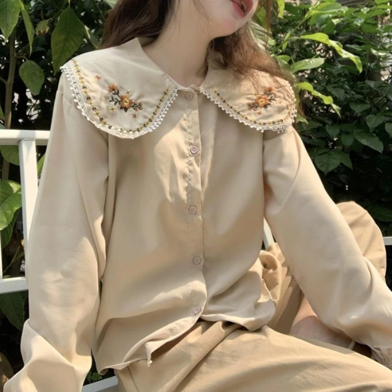 Women Shirts Long-sleeve Embroidery Age-reducing Daily Summer Baggy Tops Aesthetic Skin-friendly Faddish Versatile Hot Sale 2024