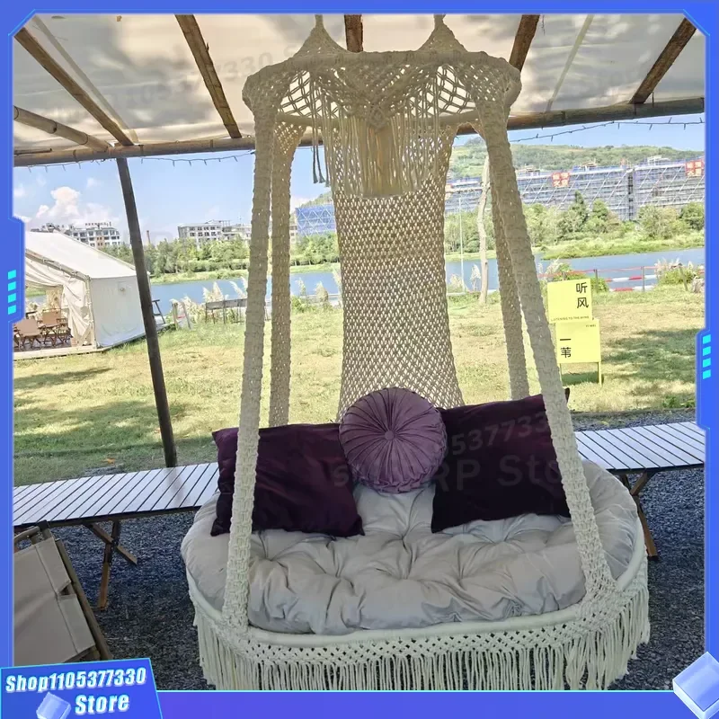 Thick Cotton Rope Hanging Chair Tassel Swing Basket Indoor Outdoor Balcony Roof Double Single Cradle for B and B Photo Decor