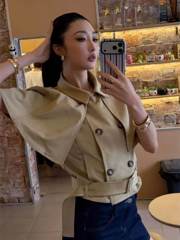 Jianjian Retro Detachable Khaki Color Coat Jacket Double Row Button Elegant Design Short Top Women's Fashion Spring Autumn