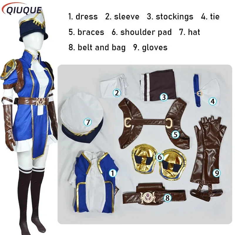 qq023 أنيمي غامض 2 كايتلين كيرامان تأثيري حلي لعبة LOL شريف بيلتوفر فستان موحد شعر مستعار امرأة مثير كرنفال البدلة