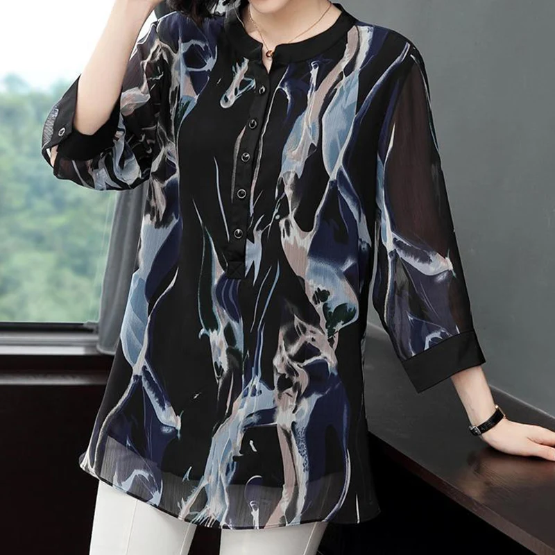 Vintage Printing Gauze Button Chiffon Shirt Summer Autumn 2023 O-Neck Three Quarter Sleeve Loose Pullover Blouse Ladies Clothing