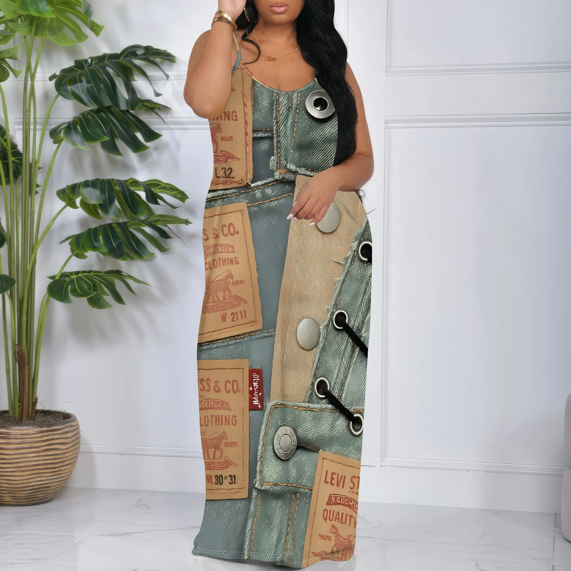 

Nupusa Women’s Sleeveless Bodycon Maxi Dress Faux Denim Print Patch Pocket Look Summer Streetwear Outfit