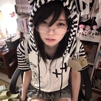 HOUZHOU 여성용 귀여운 줄무늬 패치워크 티셔츠, 일본 패션, 하라주쿠 귀여운 만화 프린트 지퍼 후드 루즈 티, 탑 2024