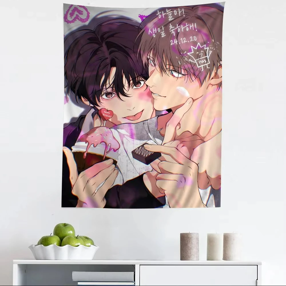 BL Anime Couple Wall Tapestry Pastel Romantic Art Cozy Room Decor Yaoi BL Manga Fan Gift