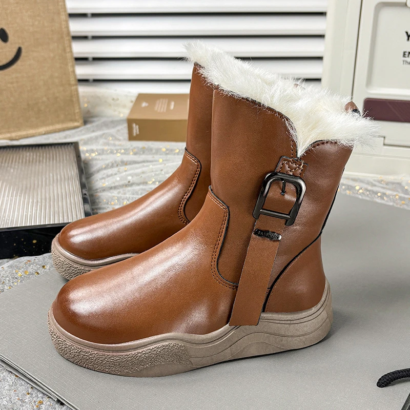 أطفال فو الفراء الأحذية للفتيات 2025 جديد الشتاء الاطفال أفخم بطانة حذاء من الجلد عدم الانزلاق تنفس أحذية المدرسة للفتيات الأحذية