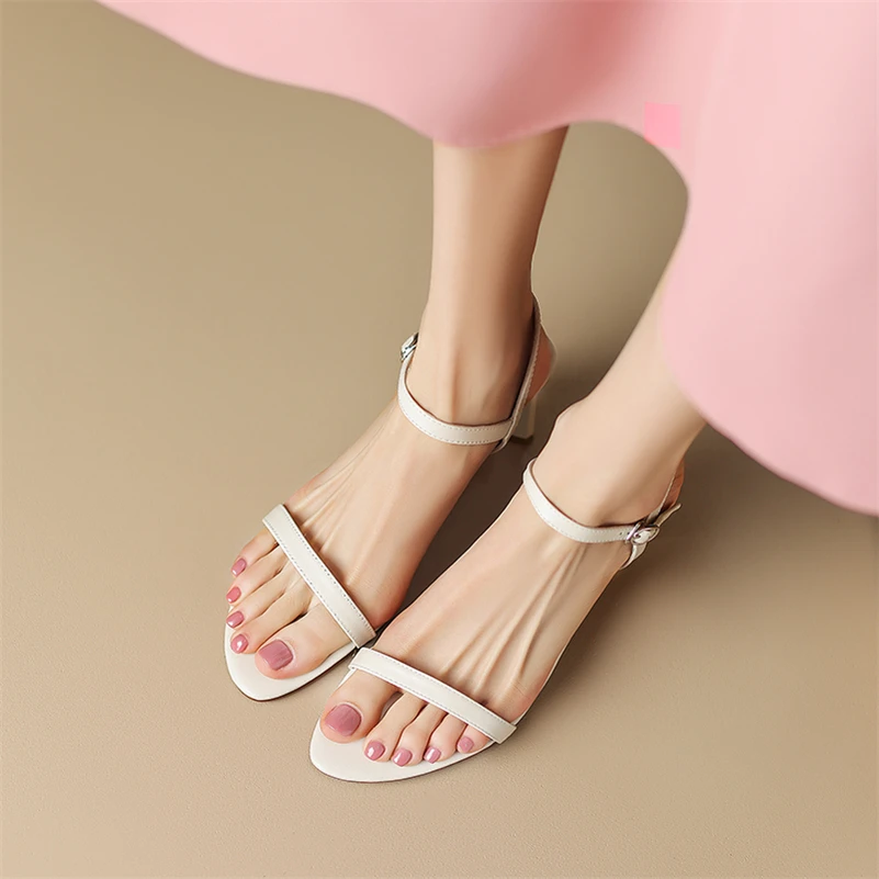 Meotina Women Genuine Leather Round Toe High Heel Sandals Buckle Strange Style Ladies Fashion Casual Shoes Summer Spring Apricot