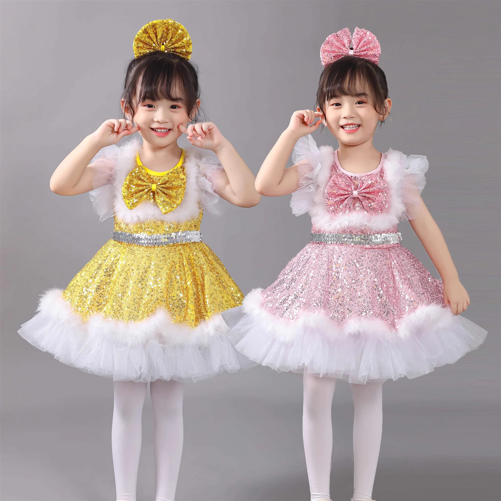 

golden sequin Modern dance dress girls Children Kids Cheerleading costume Stage Performance Costumes star dance costume girls