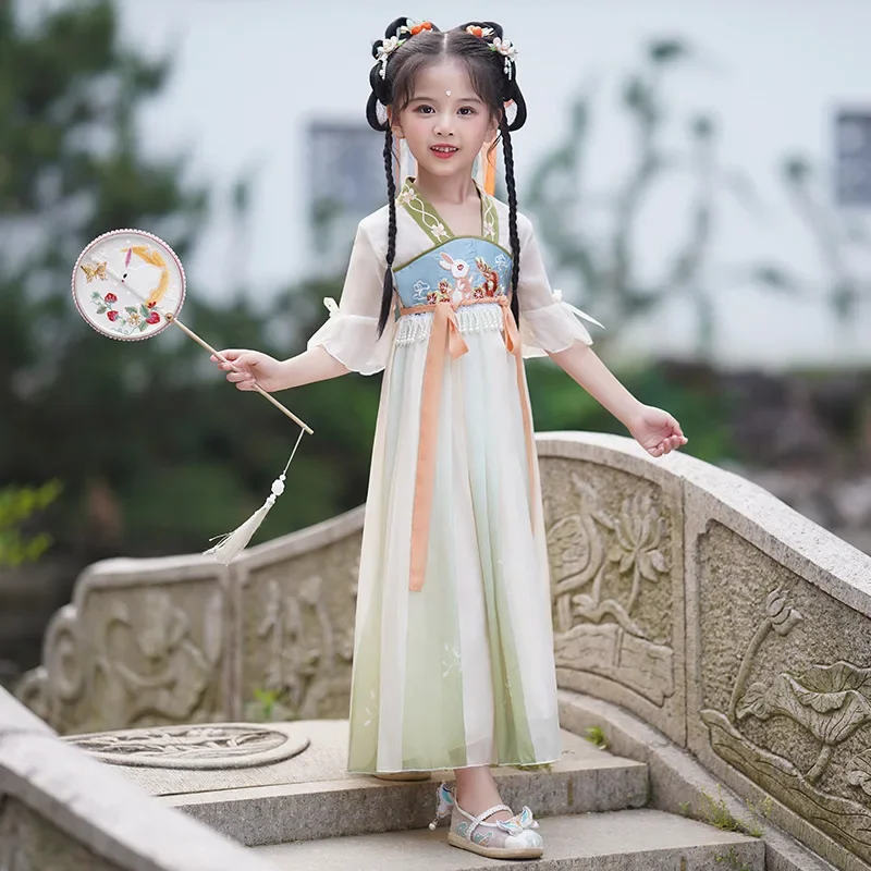 Hanfu Girls' Summer Dress Children's Ancient Ru Skirt Chinese Style Girls Super Immortal Princess Skirt Short sleeved Dress