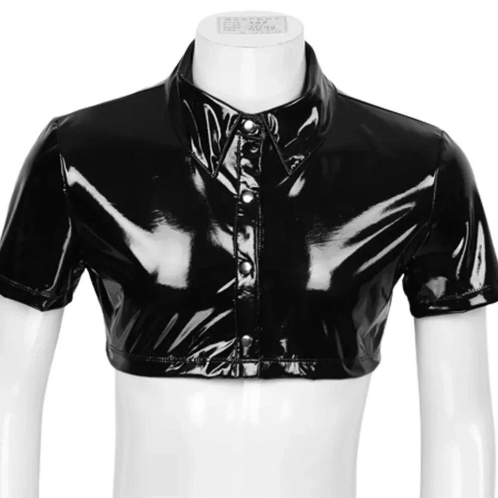 

Men Patent Leather Short T Shirts Shiny Half Length Short Sleeve Leather Cropped Tops Sexy PVC Leather Shirts Shaping Glossy Top