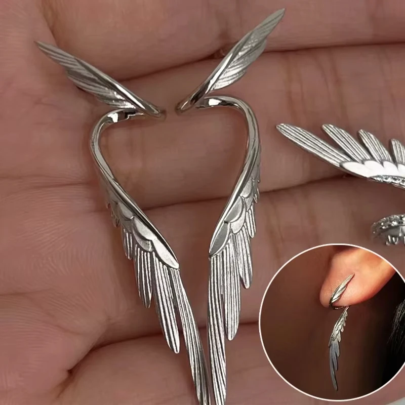 1 Pair Retro Silver Color Angel Wings Stud Earring for Women Unique Design Trendy Personalization Charm Jewerly Gift Daily Wear