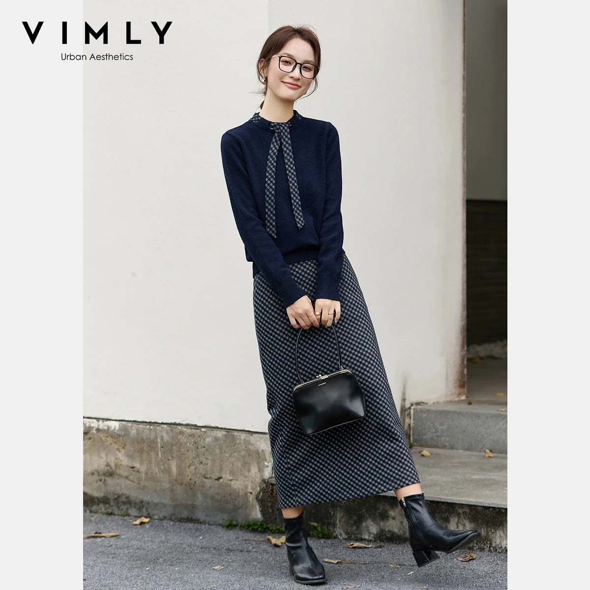

VIMLY женский темно-синий костюм с юбкой из двух частей офисный женский галстук с круглым вырезом вязаный топ клетчатая прямая юбка зима 2025 комплект юбки A3233