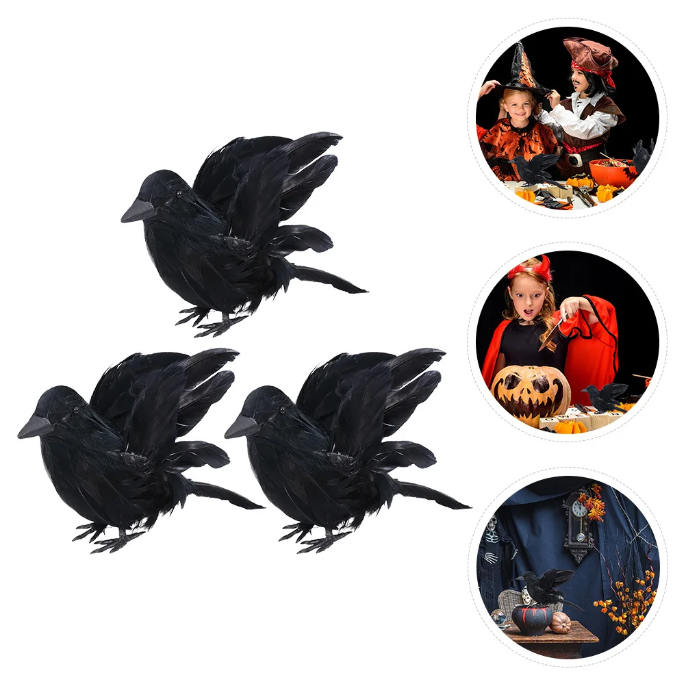 

3pcs Simulated Crow Figurines Black Lifelike Feathered Crows For Halloween Decorations Desktop Bird Adornments Party Diy Decor