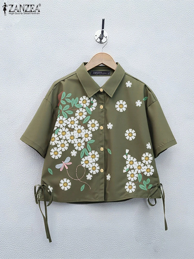 

ZANZEA Fashion Women Short Sleeve Shirts Lapel Floral Print Blouse 2025 Summer Vintage Casual Bandage Loose Buttons Korean Tops