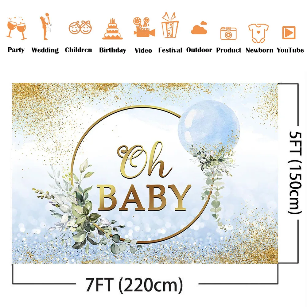 Gold Glitter Oh Baby Backdrop Sliver Bokeh Glitter Gender Reveal Photo Booth Background Greenery Green Leaves Photocall Banner