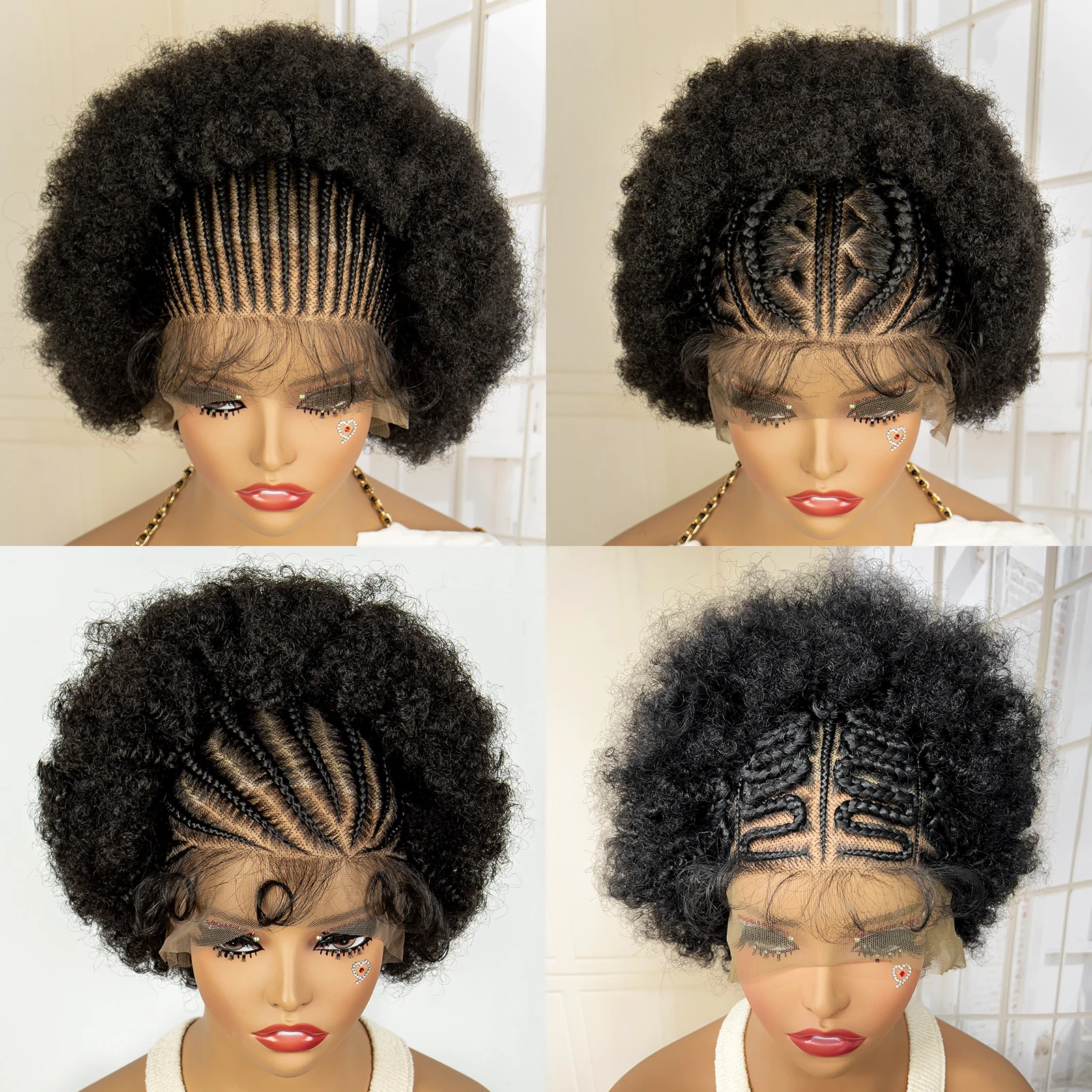 New Synthetic 13x6 Lace Frontal Braided Wig Kinky Curly Hair Wigs Curly Bob Wig with Buns for Afro Balck Women with Baby Hair