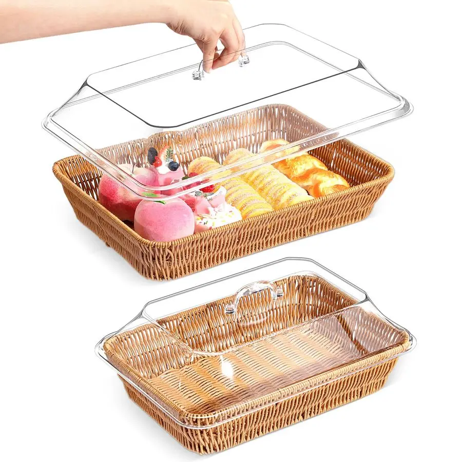 

Набор из 2 плетеных корзин для хлеба с акриловой крышкой, имитация ротанговых корзин, прямоугольные, с крышкой, для фруктов и еды