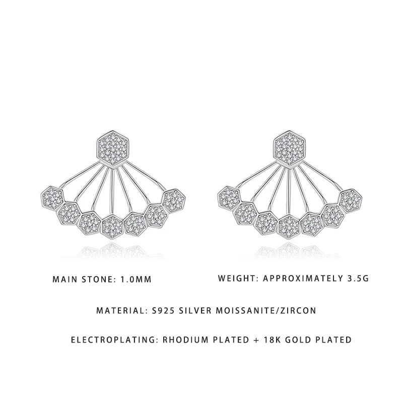 

18K Gold Plated S925 Silver Fan Shape Earrings 1.0mm Moissanite Zircon Rhodium Plated Vintage Statement Jewelry for Women