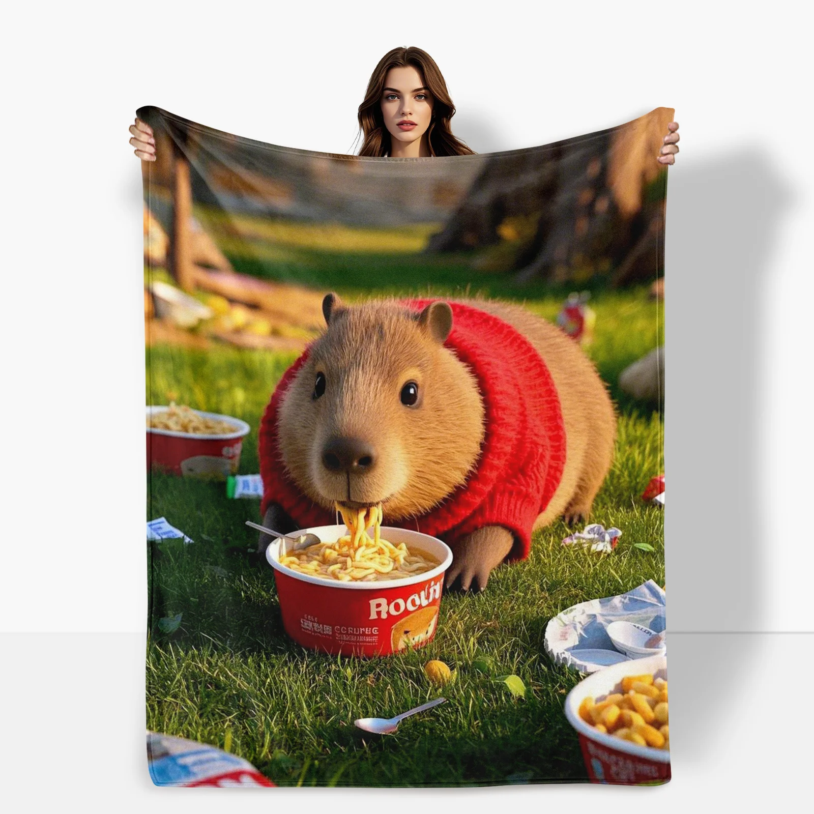 Playful Capybara Blanket With Noodle Theme And Cute Animal Design For A Humorous And Adorable Home Decor Touch