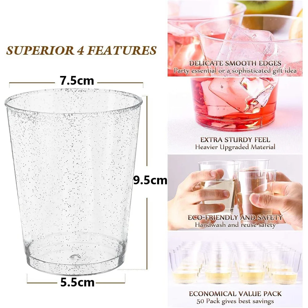 Clear Plastic Cups Silver Glitter Plastic Tumblers Reusable Drink Cups Party Wine Glasses for Champagne Cocktail Dessert