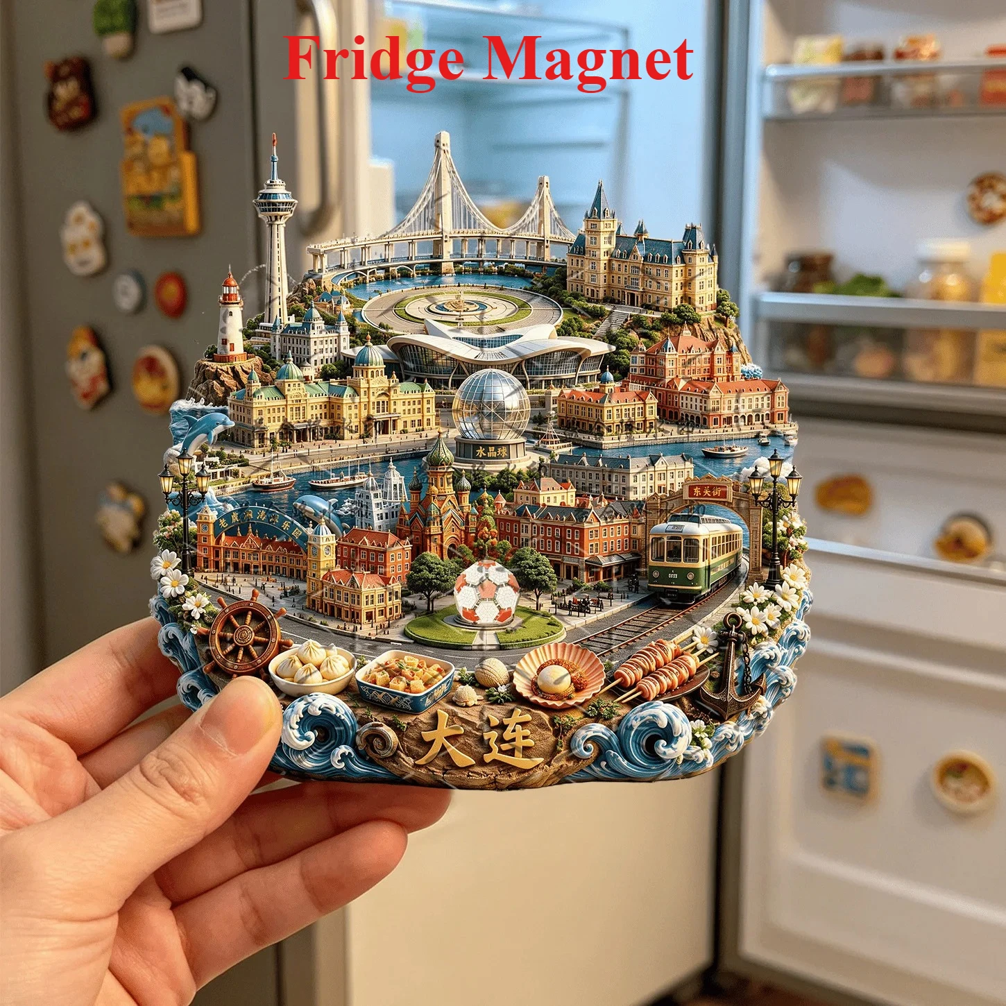 Dalian Panoramic Landmarks Metal Magnetic Fridge Magnet, Cross-Sea Bridge Tram, Chinese Trend Cultural Creative Souvenir Gift