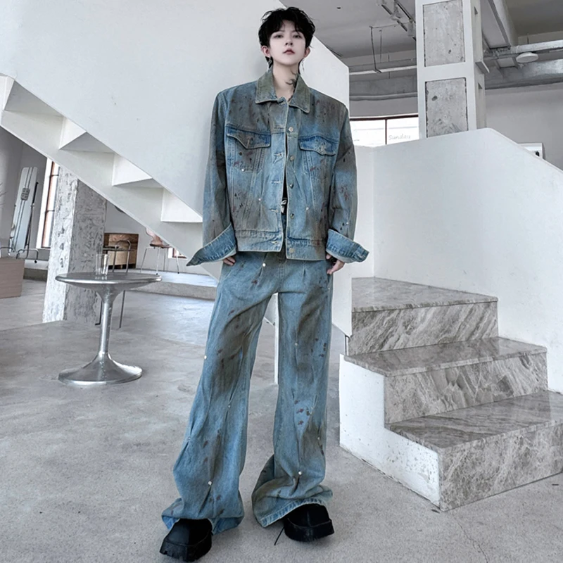 LUZHEN Trendy Pleated Rivet Spray Painted Denim Jacket High Street Wornout Design Wide Leg Jeans American Original Male LZ6680