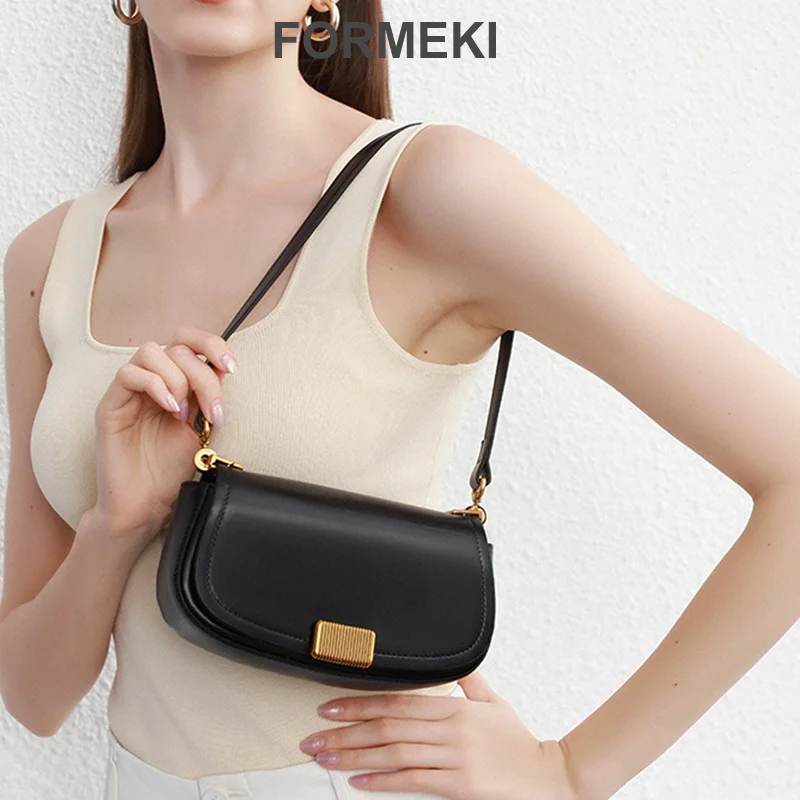 

Formeki Genuine Leather Bag For Women Ins Shoulder Bag Metal Decoration Saddle Bag High Quality Bag