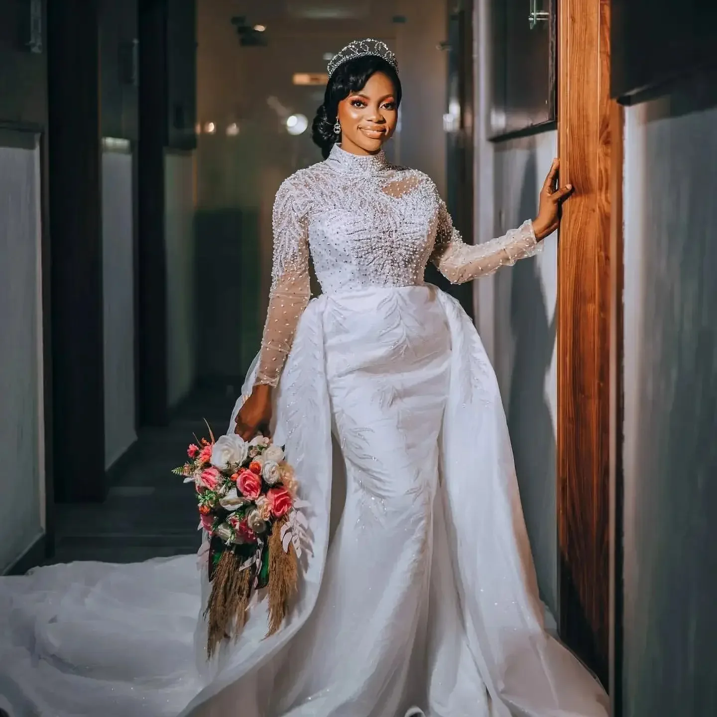 Customized High Collar Sparkly Beads Appliques  Mermaid  Wedding Dress Detachable Train  Long Sleeves Illusion Back  Bridal Gown