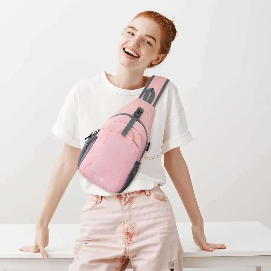 Сумка-слинг Рюкзак через плечо RFID с USB-портом для зарядки Путешествия Пеший туризм Рюкзак Сумка на плечо для женщин и мужчин Розовый