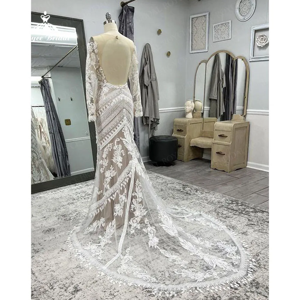 Bohemian Slim Lace Applique Wedding Dress For Women 2023 Backless Illusion Sleeve Court Train Backless Civil Vintage Bridal Gown