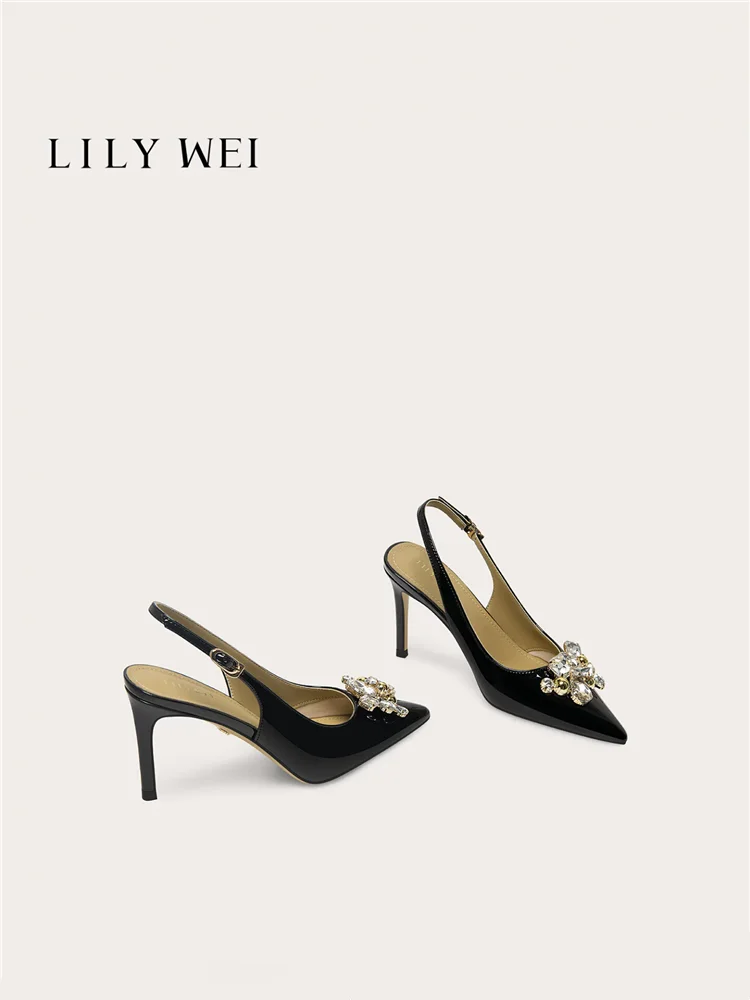 Summer new pointed patent leather crystal small size sandals for banquets large size widened version slim high-heeled women shoe