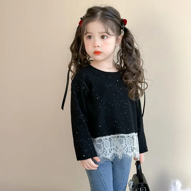 Neue Herbst Mädchen Bodenbildung Shirt 1-7T Spitze Patchwork Nette Punkte Langarm T-shirts kinder Basis Tops koreanischen Stil Kleidung – Detail 5