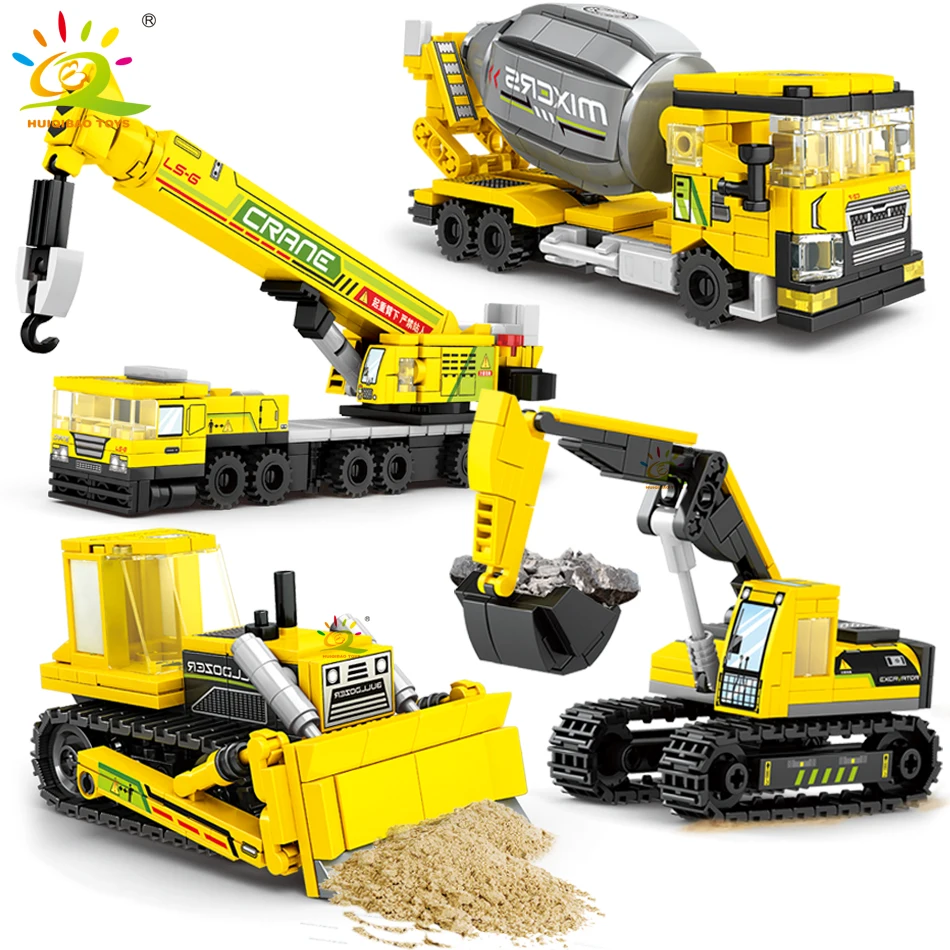 HUIQIBAO 4pcs/set Engineering Truck Building Blocks City Construction Crane Bulldozer Car Bricks Set Children Kids Toys for Boy