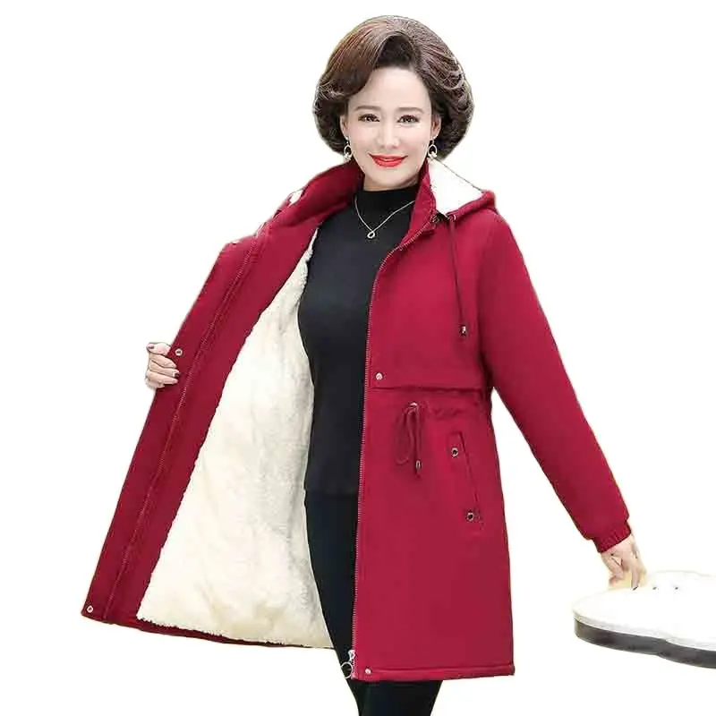 Winter Coat  New Down Cotton-padded  Women's  Long Fleece Warm Loose Hooded Cotton-padded  Middle-aged Fashion Coat