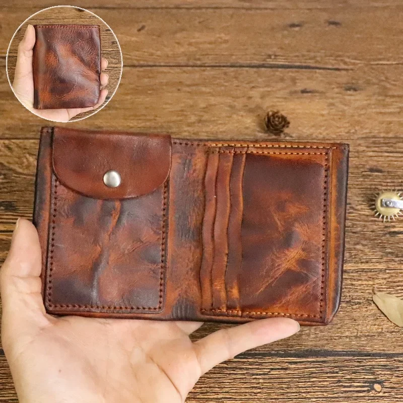 

Minimalist Old Wallet Men's Vegetable Tanned Cowhide Wash Vintage Student Youth Wallet Short Multi Card Wallet