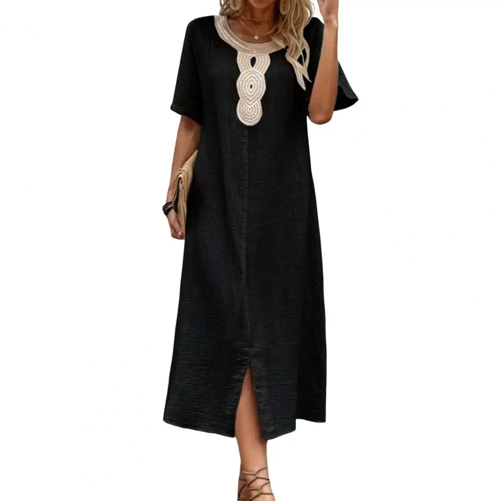 Long Loose Dress Women Dress Bohemian Retro Midi Dress with Split Hem O Neck for Women Vacation Style with Short Sleeves