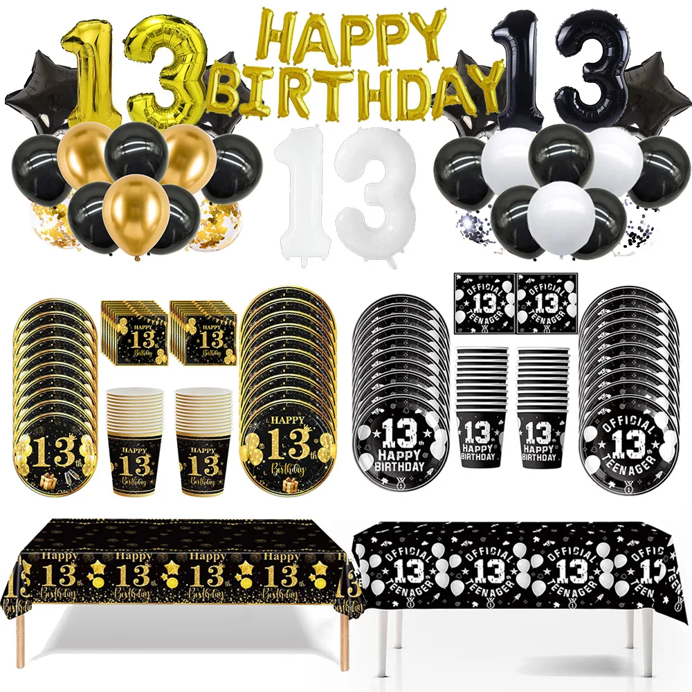 Juego de vajilla desechable de 13 cumpleaños, platos de fiesta de cumpleaños de oro negro, servilletas, suministros para fiesta de 13 años para adolescentes y niñas