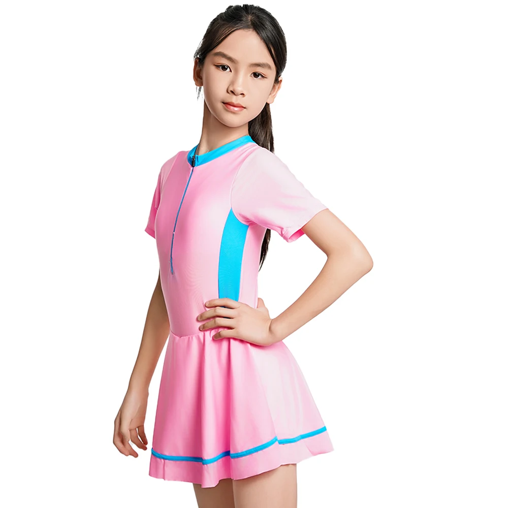 Girls One Piece Swimsuit Short Sleeve Zipper Swimwear Summer Vacation Skirt with Built-in Shorts BeachWear Rash Guard Swim Dress