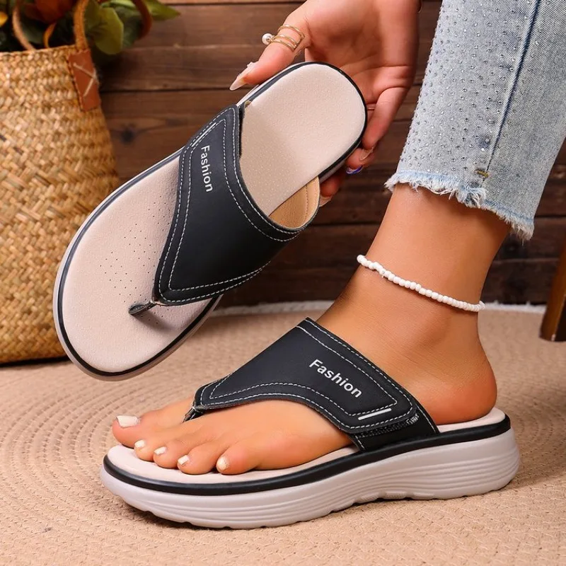 Woman Slippers Leather Non-Slip Soft Platform Shoes Flip Flops Summer Wedge Sandals Fashion Orthopedic Slippers Slides Women