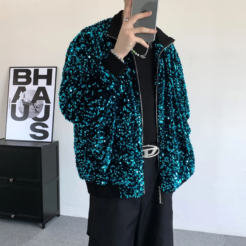 Autumn Men Jackets Stage Blue Sequin Performance Uniform Men's Nightclub Social Casual Jacket Loose Men's Women's Shiny Jacket
