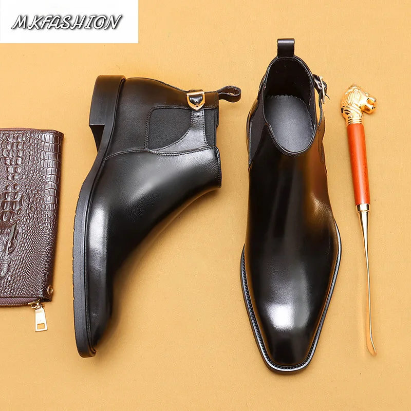 Autumn Winter Men Business Formal Shoes Genuine Leather Pointed Toe Ankle Boots Short Booties