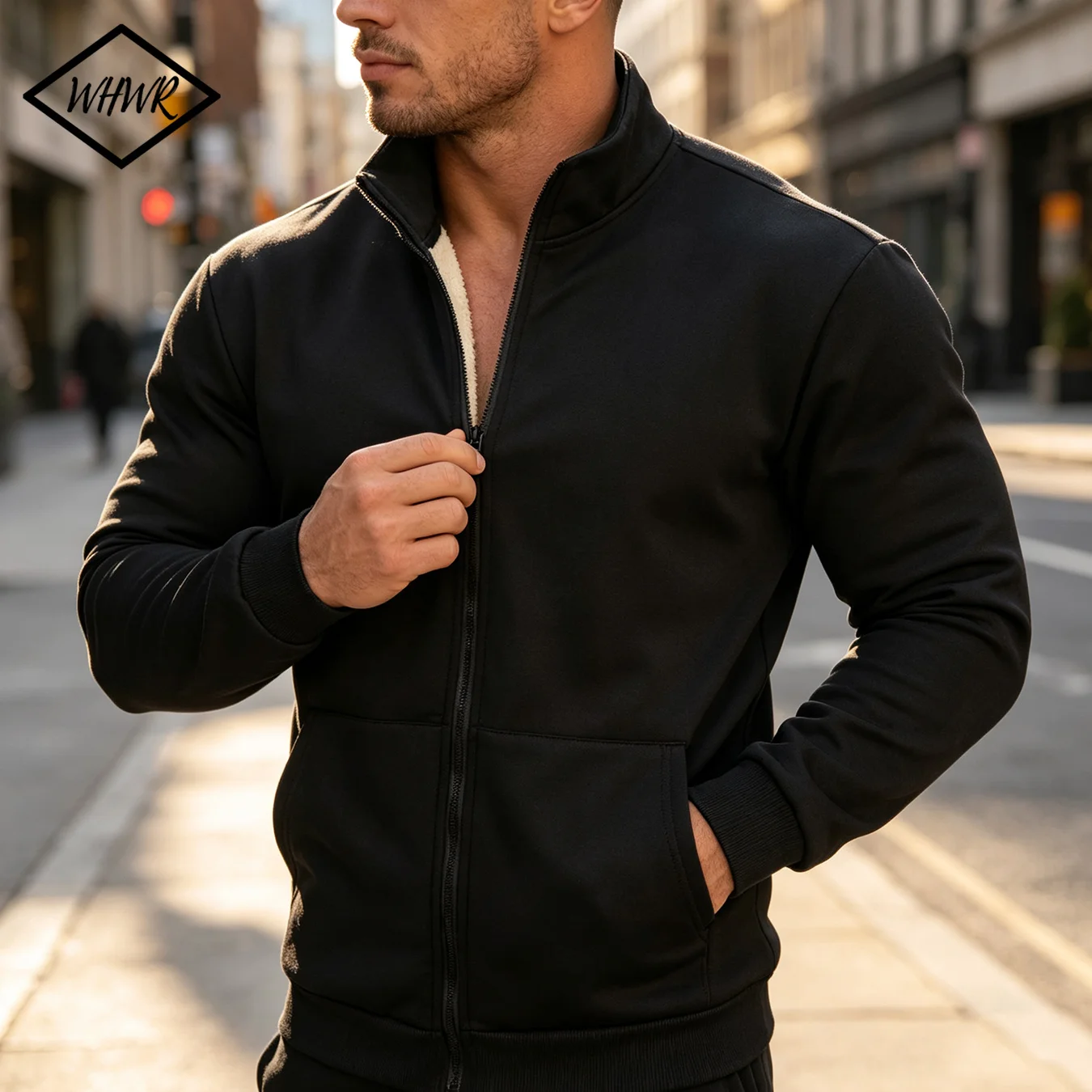 Men's Fleece Lined Zip Up Hoodie Stand Collar Sherpa Jacket Winter Warm Sweatshirt Front Pockets Ribbed Hem Casual Outerwear