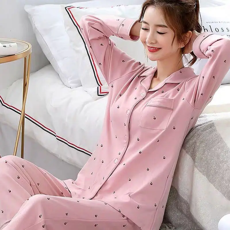 New Women\'s Imitation Cotton Pyjamas Homewear Set Girls Spring and Autumn Pajamas Homewear Ladies Long-Sleeved Cardigan Homewear