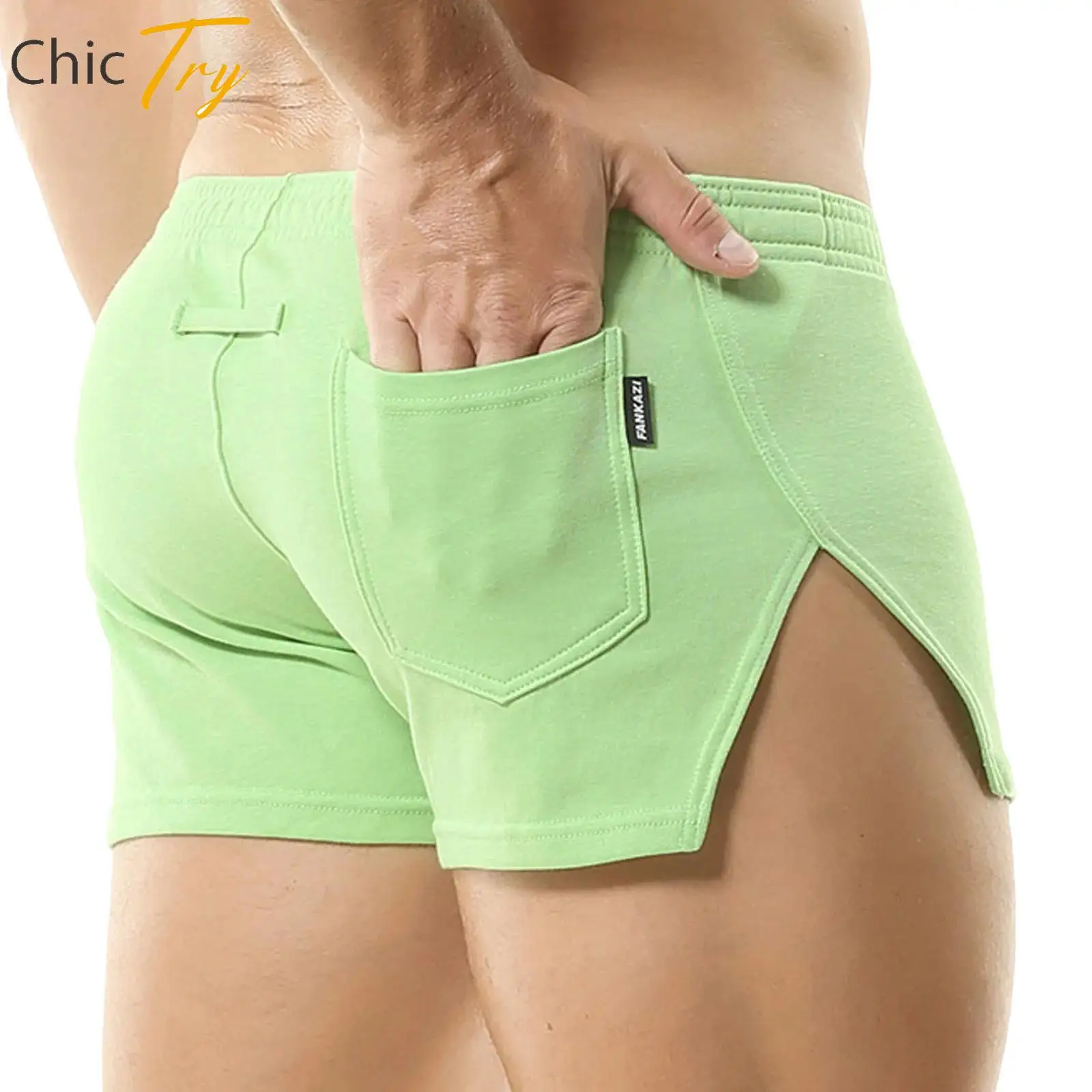 

Mens Stretchy Fitness Shorts Sides Split Athletic Shorts Low-Rise Pocket Shorts Running Jogging Workout Bottoms Beach Swimwear